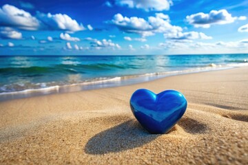 Fototapeta premium Vibrant blue heart-shaped stone rests alone on a serene, sun-kissed beach, surrounded by soft, golden sand and gentle waves caressing the shoreline.