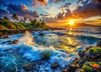 Naklejka premium Vibrant blue ocean waves crash against a rocky shoreline, surrounded by coral reefs, schools of fish, and a serene sunset atmosphere with warm golden light.