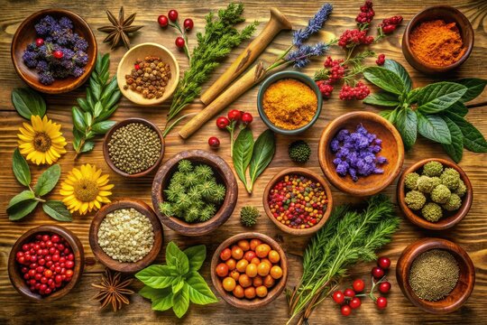 Vibrant botanical illustration of traditional healing plants on a warm, earthy background, evoking cultural heritage and natural wellness in Indigenous traditional medicine.
