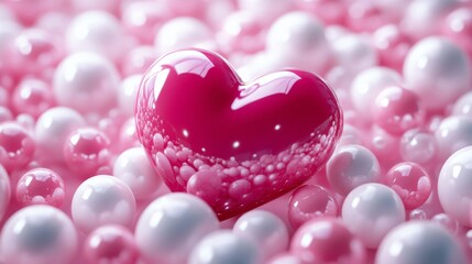 Fototapeta premium Pink heart surrounded by glossy bubbles, romantic concept