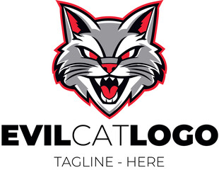 A cartoon-style logo of a stylized cat in vector format. Evil cat head with soft lines and dynamic curves.