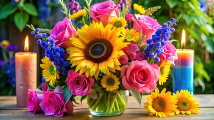 Fototapeta premium Vibrant bouquet of colorful flowers, including pink roses, yellow sunflowers, and blue delphiniums, arranged in a beautiful vase with a bright birthday candle lit.