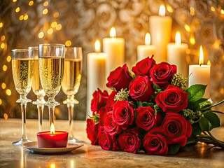 Obraz premium Vibrant bouquet of red roses, candles, and champagne fill a romantic dinner setting, surrounded by soft golden lighting and elegant lace tablecloth, evoking warm celebratory ambiance.