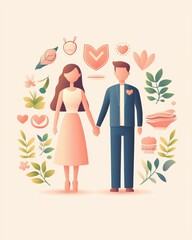 A modern couple holding hands surrounded by colorful floral elements and hearts, symbolizing love and connection.