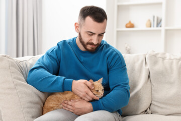 Man petting cute ginger cat on sofa at home