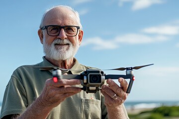 An elderly man stands outdoors holding a drone, showcasing his interest in technology and photography by the beach. Generative AI