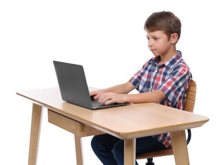 Boy with correct posture using laptop at wooden desk on white background