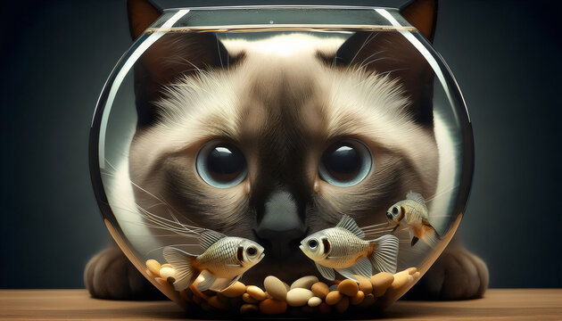 Gato siames mirando los peces de una pecera