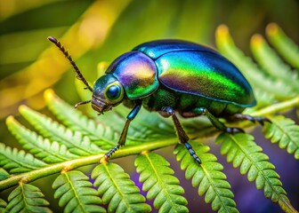 Fototapeta premium Vibrant close-up of a metallic blue and green iridescent beetle perched on a delicate fern frond, surrounded by lush green foliage and soft natural light.
