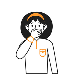Fototapeta premium Shocked girl covers mouth with hand expressing astonishment vector line icon. Brunette child expresses surprise character illustration on white