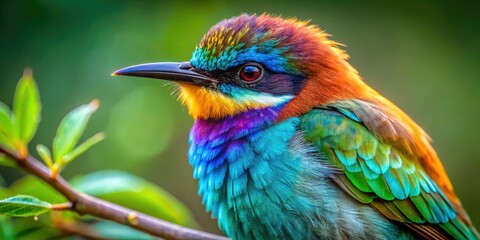 Fototapeta premium Vibrant close-up of a small bird's intricate plumage, showcasing iridescent blues and greens, with delicate feathers and a subtle twig backdrop.