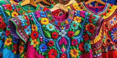 Vibrant close-up of vibrant Mexican embroidered blouses, intricate embroidery and mirrors