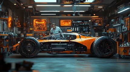 A mechanic works on a futuristic orange race car in a high-tech garage.