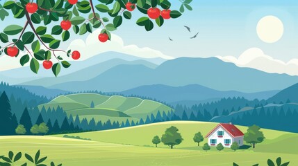 Naklejka premium Flat vector illustration of ripe beautiful apple fruit on tree with farm land mountain