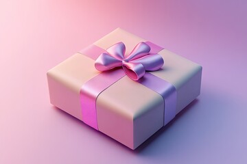 Fototapeta premium A beautifully wrapped gift box with a pink satin ribbon on a soft, colorful background, perfect for celebrations and special occasions.