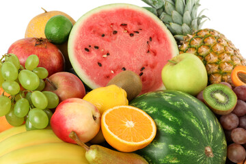 Many different fresh fruits isolated on white