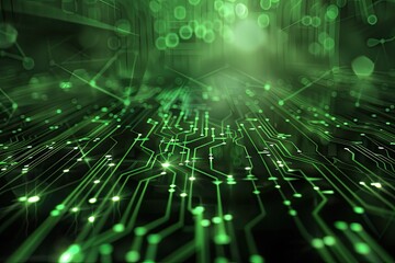 Obraz premium Abstract green circuit board with glowing lines and dots, representing technology and digital innovation.