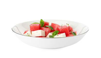 Delicious watermelon salad with mint and feta cheese in bowl isolated on white
