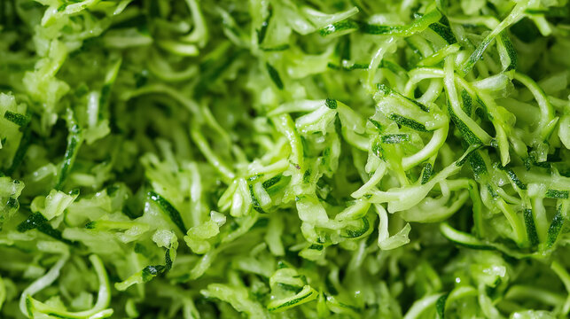 a close-up, top-down view of shredded zucchini spread across the entire frame, filling the image with its bright green color and fine texture in delicate shreds