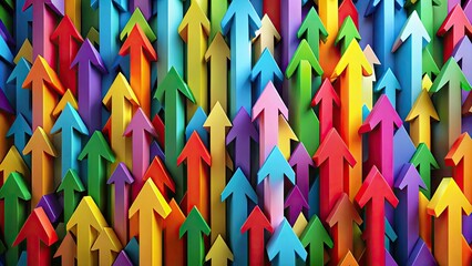 Vibrant colorful arrows in various directions and sizes, overlapping and intersecting, forming a dynamic and energetic composition, symbolizing growth, progress, and direction.