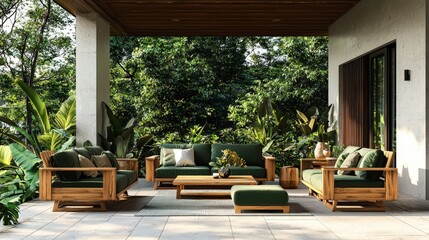 This stylish outdoor lounge area features comfortable green-upholstered furniture with wooden frames, set against a backdrop of vibrant foliage under a bright sky
