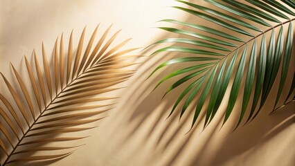 Obraz premium Palm leaves shadow on beige background, freeze motion, palm leaves, shadow, beige, background, freeze, motion, tropical, nature