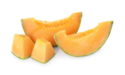 Pieces of Cantaloupe melon isolated on white