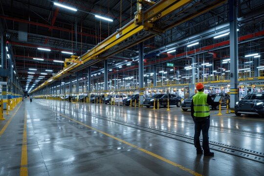 A worker wearing a safety vest stands in a vast automotive assembly area during evening hours, overseeing the production line filled with vehicles and machinery
