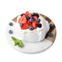 Pavlova cake (meringue dessert) with whipped cream, fresh berries and mint isolated on white