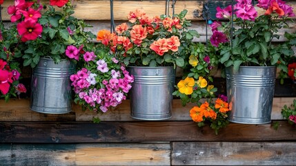 Naklejka premium Colorful Flower Baskets Against Wooden Background