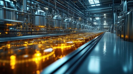 Fototapeta premium Industrial setting with illuminated bottles on a production line.