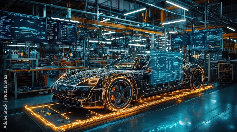Poster an advanced electric vehicle is displayed in a state-of-the-art manufacturing plant, illuminated by 