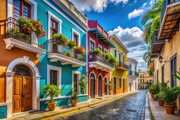 Naklejka premium Vibrant colorful buildings line the historic streets of Old San Juan, with tropical plants and blue sky contrasting against the worn colonial architecture.