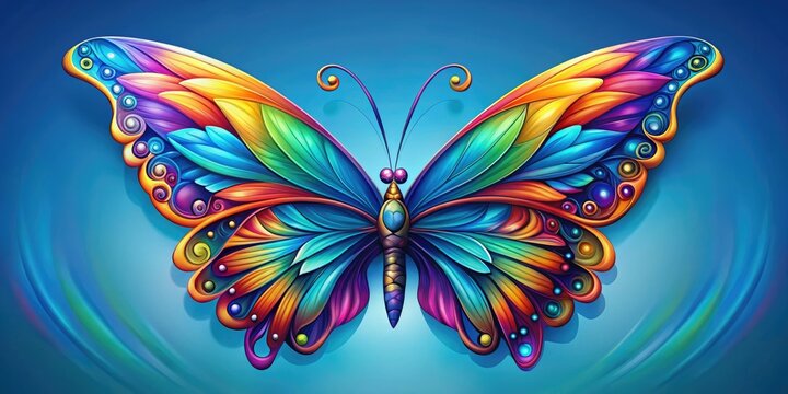 Vibrant colorful butterfly-shaped logo with intricately designed wings, set against a soft blue background, conveying transformation, freedom, and beauty in a stylized abstract design.