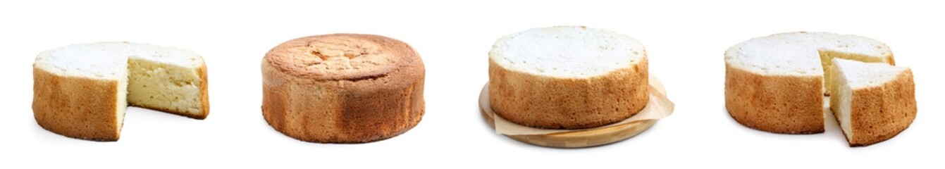 Delicious vanilla sponge cake isolated on white, collage