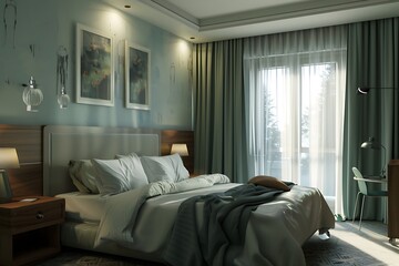 Obraz premium Interior of a hotel bedroom with a double bed.