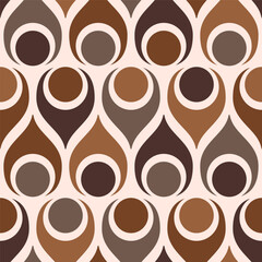 Retro midcentury Atomic teardrops circles brown Vector pattern. Atomic Era style bold retro geometrics mosaic in monochrome brown seamless pattern.