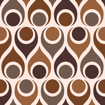 Retro midcentury Atomic teardrops circles brown Raster pattern. Atomic Era style bold retro geometrics mosaic in monochrome brown seamless pattern.