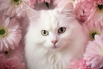 A fluffy white cat rests peacefully amidst a backdrop of vibrant pink daisies, creating a tranquil and charming atmosphere filled with beauty