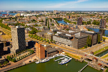 Fototapeta premium Aerial view of Delfshafen district - a perfectly preserved corner of old Rotterdam on the right bank of the New Meuse River, ..Netherlands