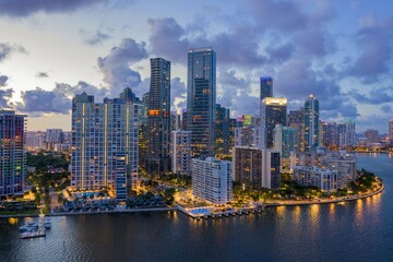 Fototapeta premium Downtown Miami waterfront, buidings and condos at night, Florida, United States.