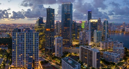 Obraz premium Downtown Miami waterfront, buidings and condos at night, Florida, United States.