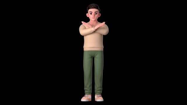 4k transparent alpha channel animation of man character showing refusal gesture with crossed hands, 3D Character video
