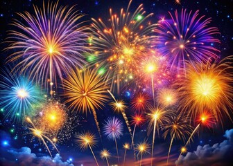 Vibrant colorful fireworks explosion in night sky with sparks and trails illuminating dark background, capturing magic and wonder of festive celebrations and summer nights.