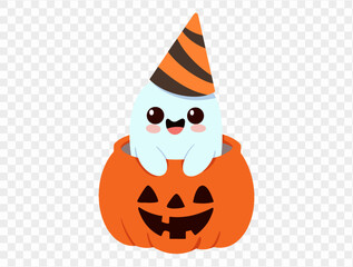 Happy cute smile ghost wearing party hat in halloween pumpkin isolated on png or transparent background,Halloween party banner. vector