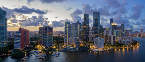 Fototapeta premium Downtown Miami waterfront, buidings and condos at night, Florida, United States.