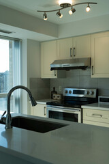 Modern kitchen interior in scandinavian style and gray tones. Kitchen island and bar stool.