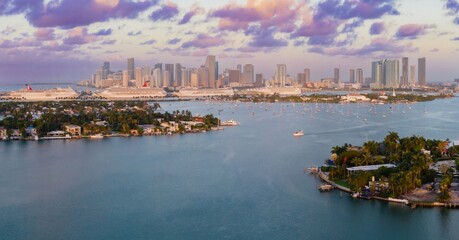 The Venetian islands and Hibiscus Island  at sunrise in the Biscayne Bay wih a view to downtown...