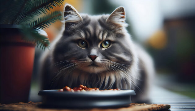 gato gris comiendo su comida