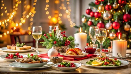 Christmas festive table with various dishes and drinks, Christmas, festive, table setting, food, holiday, celebration, dinner